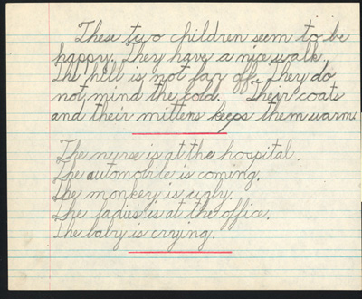 Reproduction de la dix-huiti&egrave;me page du cahier d’examen de d&eacute;cembre 1945 de Jacques Faucher, &eacute;l&egrave;ve de quatri&egrave;me ann&eacute;e &agrave; l’&eacute;cole Guigues, Ottawa (Ontario), comprenant son examen de composition anglaise intitul&eacute;e Bringing the Christmas Tree Home, 1945.