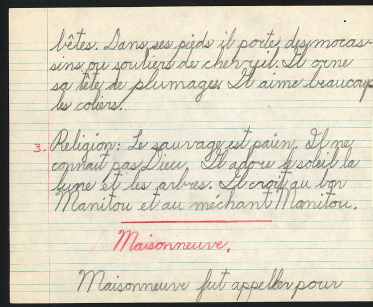 Reproduction de la vingti&egrave;me page du cahier d’examen de d&eacute;cembre 1945 de Jacques Faucher, &eacute;l&egrave;ve de quatri&egrave;me ann&eacute;e &agrave; l’&eacute;cole Guigues, Ottawa (Ontario), comprenant ses examens de sciences sociales intitul&eacute;s Les Indiens et Maisonneuve, 1945