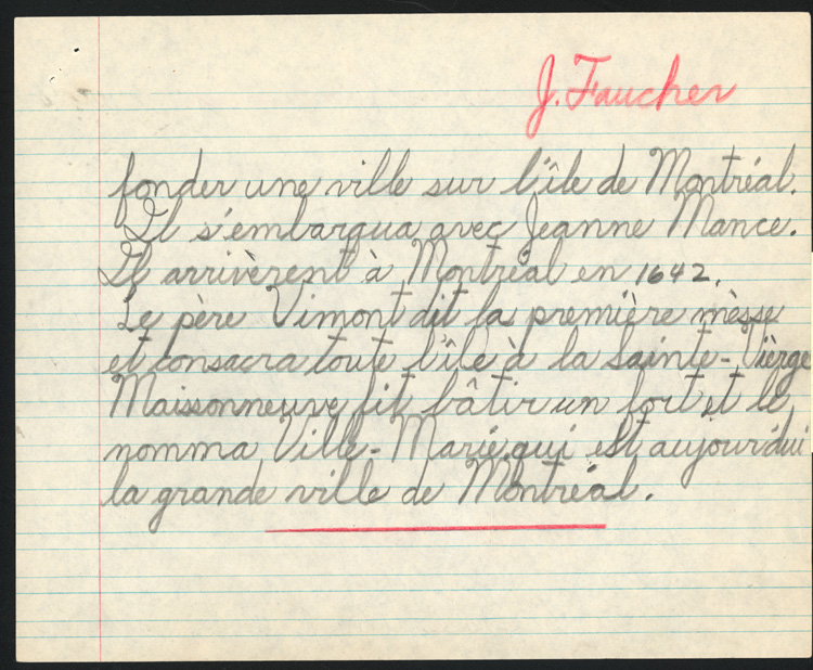 Reproduction de la vingt et uni&egrave;me page du cahier d’examen de d&eacute;cembre 1945 de Jacques Faucher, &eacute;l&egrave;ve de quatri&egrave;me ann&eacute;e &agrave; l’&eacute;cole Guigues, Ottawa (Ontario), comprenant son examen de sciences sociales intitul&eacute; Maisonneuve, 1945.