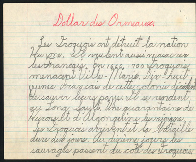 Reproduction de la vingt-deuxi&egrave;me page du cahier d’examen de d&eacute;cembre 1945 de Jacques Faucher, &eacute;l&egrave;ve de quatri&egrave;me ann&eacute;e &agrave; l’&eacute;cole Guigues, Ottawa (Ontario), comprenant son examen de sciences sociales intitul&eacute; Dollard des Ormeaux, 1945.
