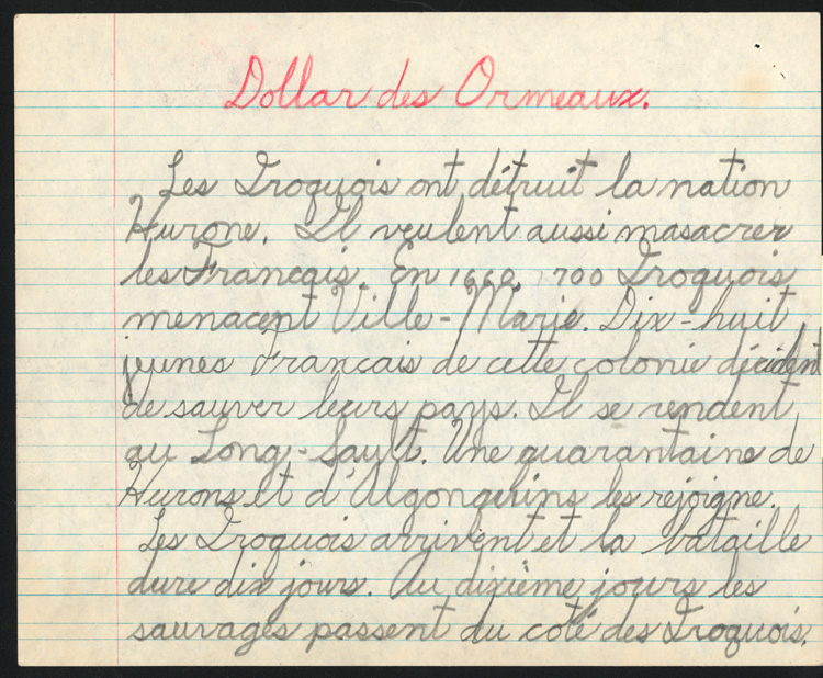 Reproduction de la vingt-deuxi&egrave;me page du cahier d’examen de d&eacute;cembre 1945 de Jacques Faucher, &eacute;l&egrave;ve de quatri&egrave;me ann&eacute;e &agrave; l’&eacute;cole Guigues, Ottawa (Ontario), comprenant son examen de sciences sociales intitul&eacute; Dollard des Ormeaux, 1945.