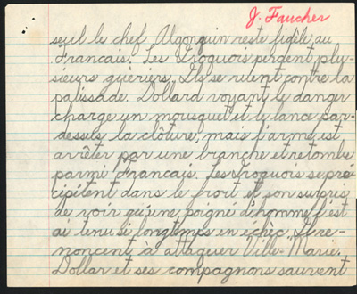 Reproduction de la vingt-troisi&egrave;me page du cahier d’examen de d&eacute;cembre 1945 de Jacques Faucher, &eacute;l&egrave;ve de quatri&egrave;me ann&eacute;e &agrave; l’&eacute;cole Guigues, Ottawa (Ontario), comprenant son examen de sciences sociales intitul&eacute; Dollard des Ormeaux, 1945.