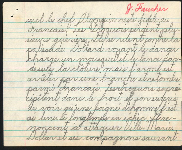 Reproduction de la vingt-troisi&egrave;me page du cahier d’examen de d&eacute;cembre 1945 de Jacques Faucher, &eacute;l&egrave;ve de quatri&egrave;me ann&eacute;e &agrave; l’&eacute;cole Guigues, Ottawa (Ontario), comprenant son examen de sciences sociales intitul&eacute; Dollard des Ormeaux, 1945.