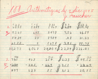 Reproduction de la troisi&egrave;me page du cahier d’examen de d&eacute;cembre 1945 de Jacques Faucher, &eacute;l&egrave;ve de quatri&egrave;me ann&eacute;e &agrave; l’&eacute;cole Guigues, Ottawa (Ontario), comprenant son examen d’arithm&eacute;tique, 1945.