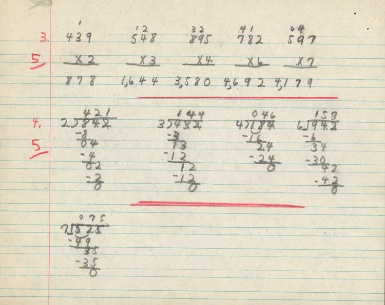 Reproduction de la quatri&egrave;me page du cahier d’examen de d&eacute;cembre 1945 de Jacques Faucher, &eacute;l&egrave;ve de quatri&egrave;me ann&eacute;e &agrave; l’&eacute;cole Guigues, Ottawa (Ontario), comprenant son examen d’arithm&eacute;tique, 1945.