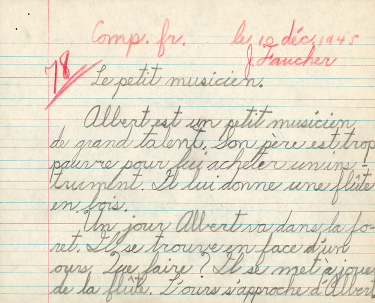 Reproduction de la septi&egrave;me page du cahier d’examen de d&eacute;cembre 1945 de Jacques Faucher, &eacute;l&egrave;ve de quatri&egrave;me ann&eacute;e &agrave; l’&eacute;cole Guigues, Ottawa (Ontario), comprenant son examen de composition fran&ccedil;aise intitul&eacute;e Le petit musicien, 1945.