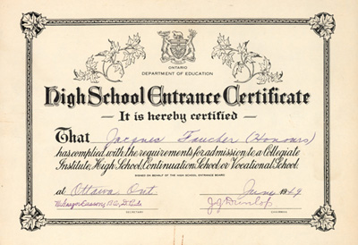 Reproduction du certificat de r&eacute;ussite &agrave; l’examen d’entr&eacute;e &agrave; l’&eacute;cole secondaire de l’Ontario, Ontario High School Entrance Certificate, de Jacques Faucher, juin 1949.