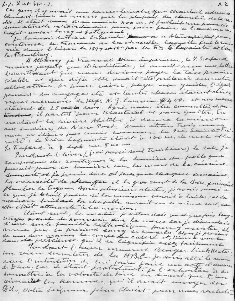 Reproduction de la vingt-deuxi&egrave;me page des M&eacute;moires du p&egrave;re Joseph-&Eacute;tienne Guinard, missionnaire oblat, relatant ses exp&eacute;ditions dans les r&eacute;gions des rivi&egrave;res Attawapiskat et Abitibi, en 1894 et 1895, 1946.