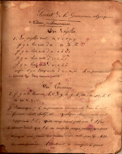 Reproduction de la premi&egrave;re page de &Eacute;l&eacute;ments de la grammaire algonquine du p&egrave;re Nicolas Laverloch&egrave;re, missionnaire oblat, [184-].