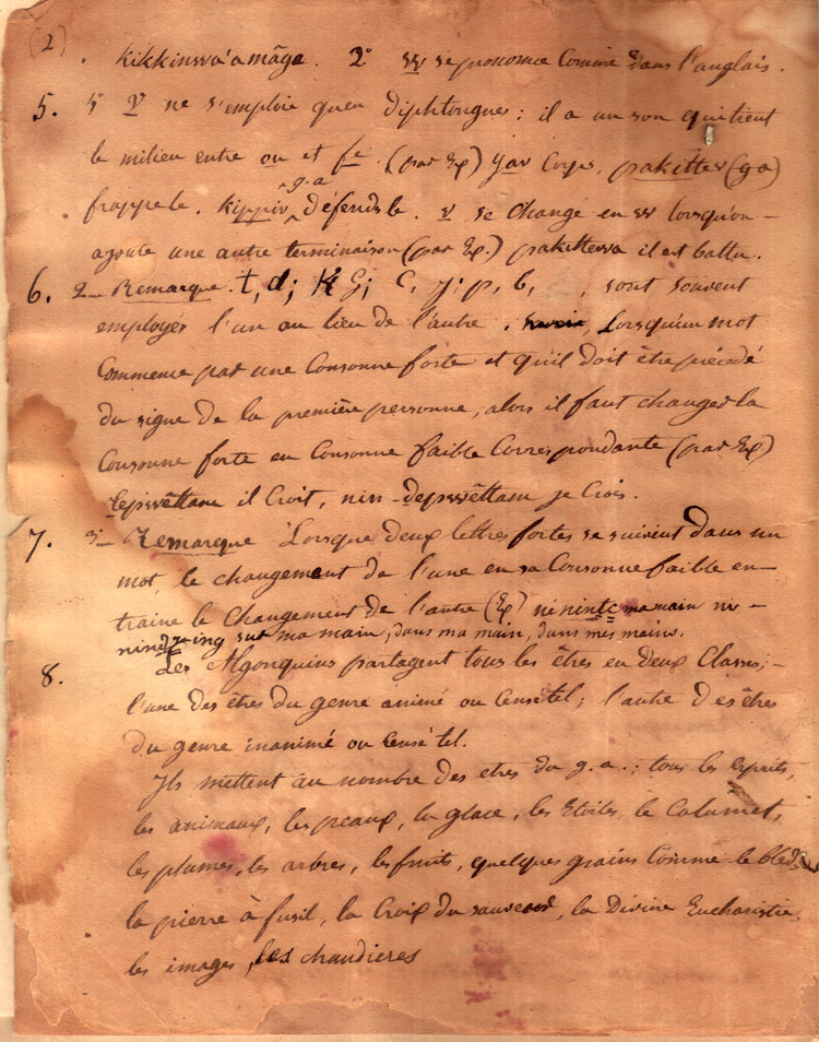 Reproduction de la deuxi&egrave;me page de &Eacute;l&eacute;ments de la grammaire algonquine du p&egrave;re Nicolas Laverloch&egrave;re, missionnaire oblat, [184-].