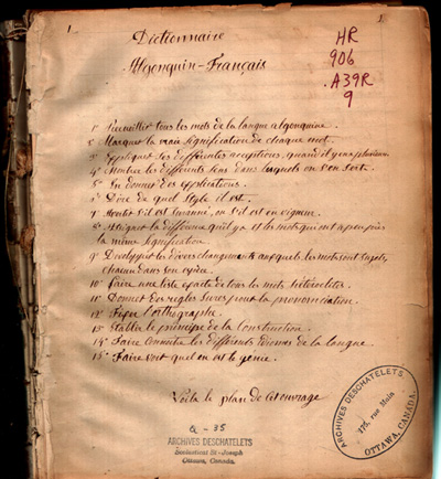 Reproduction de la premi&egrave;re page du Dictionnaire algonquin-fran&ccedil;ais de Nicolas Laverloch&egrave;re, missionnaire oblat, [184-].