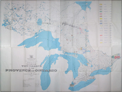 Reproduction d’une carte des territoires des inspecteurs des &eacute;coles bilingues de l’Ontario, carte de 1943 annot&eacute;e dans la d&eacute;cennie 1950.