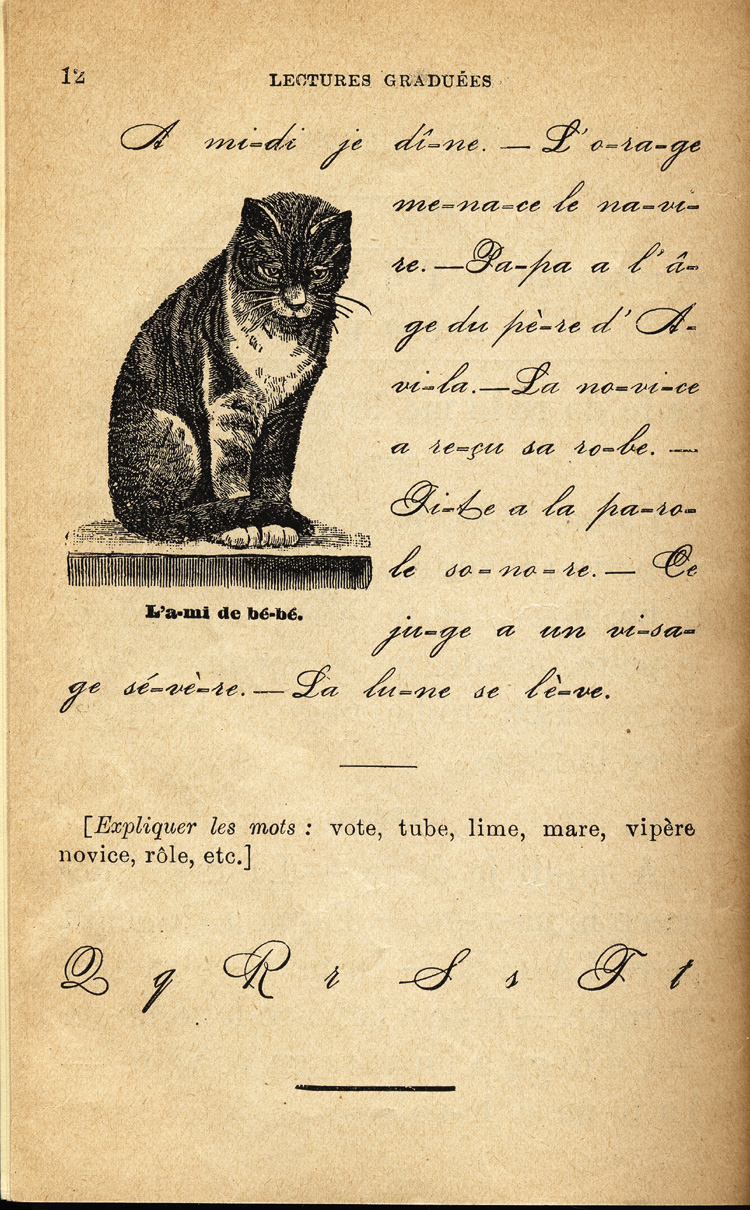 Reproduction de la douzi&egrave;me page du manuel Cours fran&ccedil;ais de lectures gradu&eacute;es, degr&eacute; pr&eacute;paratoire, par J.-Roch Magnan, 1913.