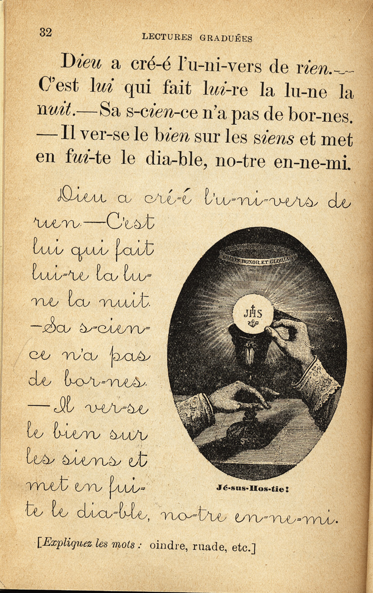 Reproduction de la trente-deuxi&egrave;me page du manuel Cours fran&ccedil;ais de lectures gradu&eacute;es, degr&eacute; pr&eacute;paratoire, par J.-Roch Magnan, 1913.