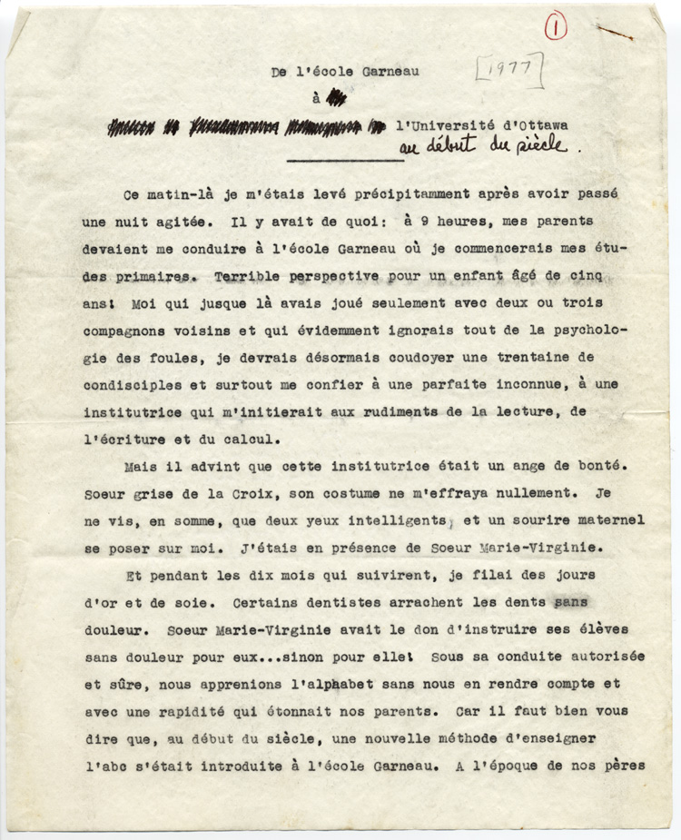 Reproduction de la premi&egrave;re page du t&eacute;moignage de S&eacute;raphin Marion intitul&eacute; De l’&eacute;cole Garneau &agrave; l’Universit&eacute; d’Ottawa au d&eacute;but du si&egrave;cle qui d&eacute;crit l’enseignement donn&eacute; par les Soeurs grises de la croix (Soeurs de la charit&eacute; d’Ottawa) &agrave; l’&eacute;cole Garneau d’Ottawa (Ontario), 1977.