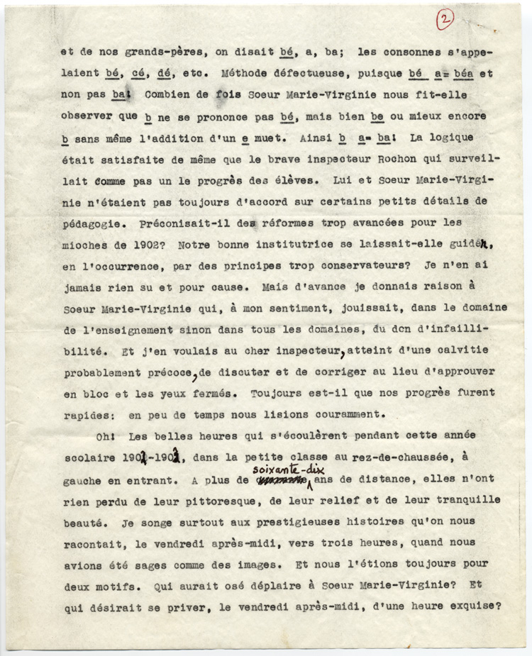 Reproduction de la deuxi&egrave;me page du t&eacute;moignage de S&eacute;raphin Marion intitul&eacute; De l’&eacute;cole Garneau &agrave; l’Universit&eacute; d’Ottawa au d&eacute;but du si&egrave;cle qui d&eacute;crit l’enseignement donn&eacute; par les Soeurs grises de la croix (Soeurs de la charit&eacute; d’Ottawa) &agrave; l’&eacute;cole Garneau d’Ottawa (Ontario), 1977.