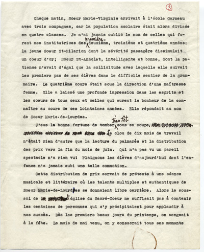 Reproduction de la troisi&egrave;me page du t&eacute;moignage de S&eacute;raphin Marion intitul&eacute; De l’&eacute;cole Garneau &agrave; l’Universit&eacute; d’Ottawa au d&eacute;but du si&egrave;cle qui d&eacute;crit l’enseignement donn&eacute; par les Soeurs grises de la croix (Soeurs de la charit&eacute; d’Ottawa) &agrave; l’&eacute;cole Garneau d’Ottawa (Ontario), 1977.
