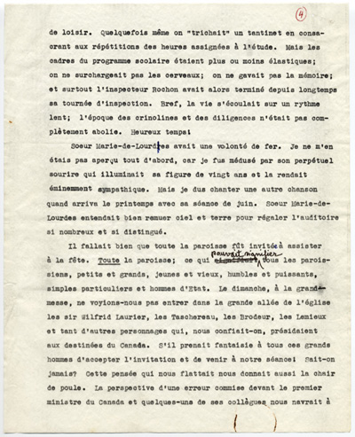 Reproduction de la quatri&egrave;me page du t&eacute;moignage de S&eacute;raphin Marion intitul&eacute; De l’&eacute;cole Garneau &agrave; l’Universit&eacute; d’Ottawa au d&eacute;but du si&egrave;cle qui d&eacute;crit l’enseignement donn&eacute; par les Soeurs grises de la croix (Soeurs de la charit&eacute; d’Ottawa) &agrave; l’&eacute;cole Garneau d’Ottawa (Ontario), 1977.