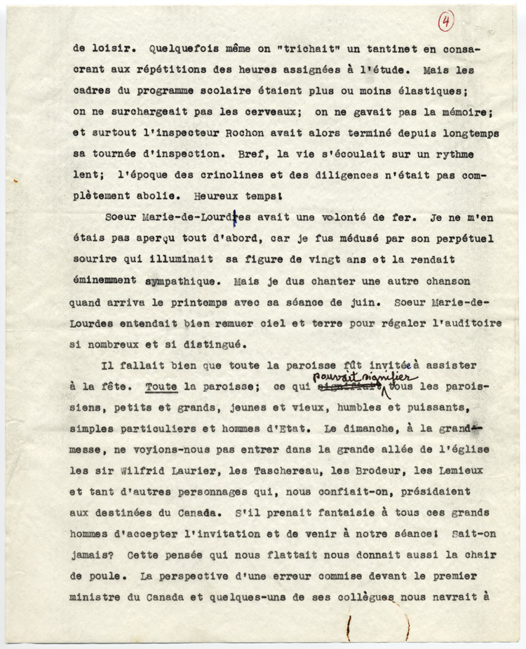 Reproduction de la quatri&egrave;me page du t&eacute;moignage de S&eacute;raphin Marion intitul&eacute; De l’&eacute;cole Garneau &agrave; l’Universit&eacute; d’Ottawa au d&eacute;but du si&egrave;cle qui d&eacute;crit l’enseignement donn&eacute; par les Soeurs grises de la croix (Soeurs de la charit&eacute; d’Ottawa) &agrave; l’&eacute;cole Garneau d’Ottawa (Ontario), 1977.