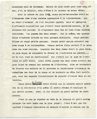 Reproduction de la cinqui&egrave;me page du t&eacute;moignage de S&eacute;raphin Marion intitul&eacute; De l’&eacute;cole Garneau &agrave; l’Universit&eacute; d’Ottawa au d&eacute;but du si&egrave;cle qui d&eacute;crit l’enseignement donn&eacute; par les Soeurs grises de la croix (Soeurs de la charit&eacute; d’Ottawa) &agrave; l’&eacute;cole Garneau d’Ottawa (Ontario), 1977.