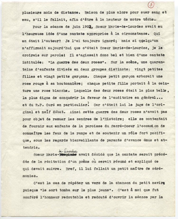 Reproduction de la cinqui&egrave;me page du t&eacute;moignage de S&eacute;raphin Marion intitul&eacute; De l’&eacute;cole Garneau &agrave; l’Universit&eacute; d’Ottawa au d&eacute;but du si&egrave;cle qui d&eacute;crit l’enseignement donn&eacute; par les Soeurs grises de la croix (Soeurs de la charit&eacute; d’Ottawa) &agrave; l’&eacute;cole Garneau d’Ottawa (Ontario), 1977.