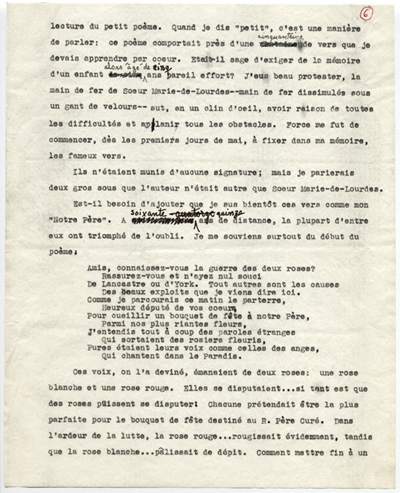Reproduction de la sixi&egrave;me page du t&eacute;moignage de S&eacute;raphin Marion intitul&eacute; De l’&eacute;cole Garneau &agrave; l’Universit&eacute; d’Ottawa au d&eacute;but du si&egrave;cle qui d&eacute;crit l’enseignement donn&eacute; par les Soeurs grises de la croix (Soeurs de la charit&eacute; d’Ottawa) &agrave; l’&eacute;cole Garneau d’Ottawa (Ontario), 1977.