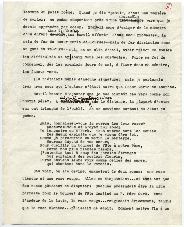 Reproduction de la sixi&egrave;me page du t&eacute;moignage de S&eacute;raphin Marion intitul&eacute; De l’&eacute;cole Garneau &agrave; l’Universit&eacute; d’Ottawa au d&eacute;but du si&egrave;cle qui d&eacute;crit l’enseignement donn&eacute; par les Soeurs grises de la croix (Soeurs de la charit&eacute; d’Ottawa) &agrave; l’&eacute;cole Garneau d’Ottawa (Ontario), 1977.