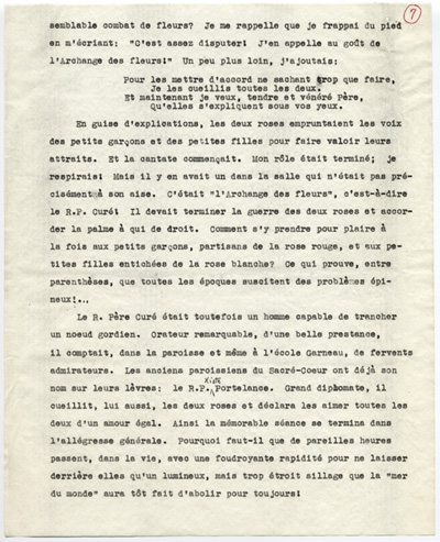 Reproduction de la septi&egrave;me page du t&eacute;moignage de S&eacute;raphin Marion intitul&eacute; De l’&eacute;cole Garneau &agrave; l’Universit&eacute; d’Ottawa au d&eacute;but du si&egrave;cle qui d&eacute;crit l’enseignement donn&eacute; par les Soeurs grises de la croix (Soeurs de la charit&eacute; d’Ottawa) &agrave; l’&eacute;cole Garneau d’Ottawa (Ontario), 1977.
