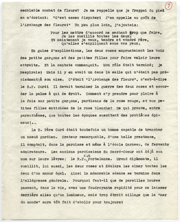 Reproduction de la septi&egrave;me page du t&eacute;moignage de S&eacute;raphin Marion intitul&eacute; De l’&eacute;cole Garneau &agrave; l’Universit&eacute; d’Ottawa au d&eacute;but du si&egrave;cle qui d&eacute;crit l’enseignement donn&eacute; par les Soeurs grises de la croix (Soeurs de la charit&eacute; d’Ottawa) &agrave; l’&eacute;cole Garneau d’Ottawa (Ontario), 1977.