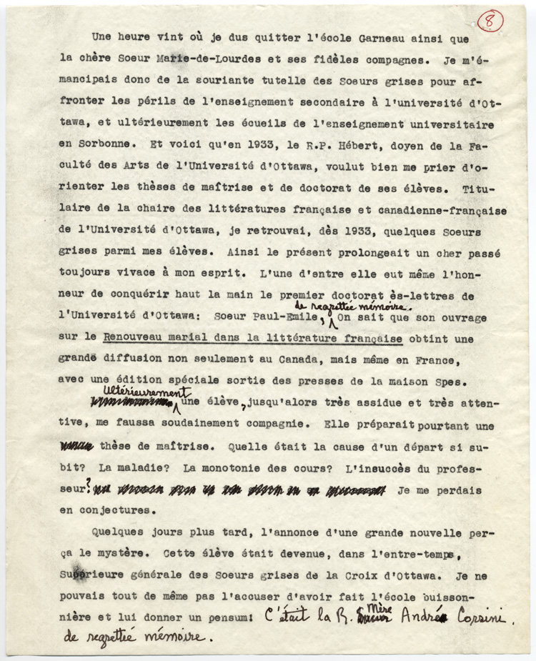 Reproduction de la huiti&egrave;me page du t&eacute;moignage de S&eacute;raphin Marion intitul&eacute; De l’&eacute;cole Garneau &agrave; l’Universit&eacute; d’Ottawa au d&eacute;but du si&egrave;cle qui d&eacute;crit l’enseignement donn&eacute; par les Soeurs grises de la croix (Soeurs de la charit&eacute; d’Ottawa) &agrave; l’&eacute;cole Garneau d’Ottawa (Ontario), 1977.