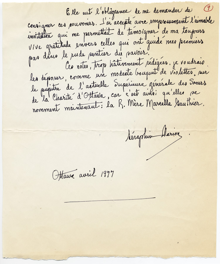 Reproduction de la neuvi&egrave;me page du t&eacute;moignage de S&eacute;raphin Marion intitul&eacute; De l’&eacute;cole Garneau &agrave; l’Universit&eacute; d’Ottawa au d&eacute;but du si&egrave;cle qui d&eacute;crit l’enseignement donn&eacute; par les Soeurs grises de la croix (Soeurs de la charit&eacute; d’Ottawa) &agrave; l’&eacute;cole Garneau d’Ottawa (Ontario), 1977.