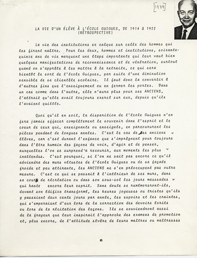 Reproduction de la quatre-vingt-cinqui&egrave;me page du t&eacute;moignage de Arthur Godbout intitul&eacute; La vie d’un &eacute;l&egrave;ve &agrave; l’&eacute;cole Guigues, de 1914 &agrave; 1922 (R&eacute;trospective), 1979.