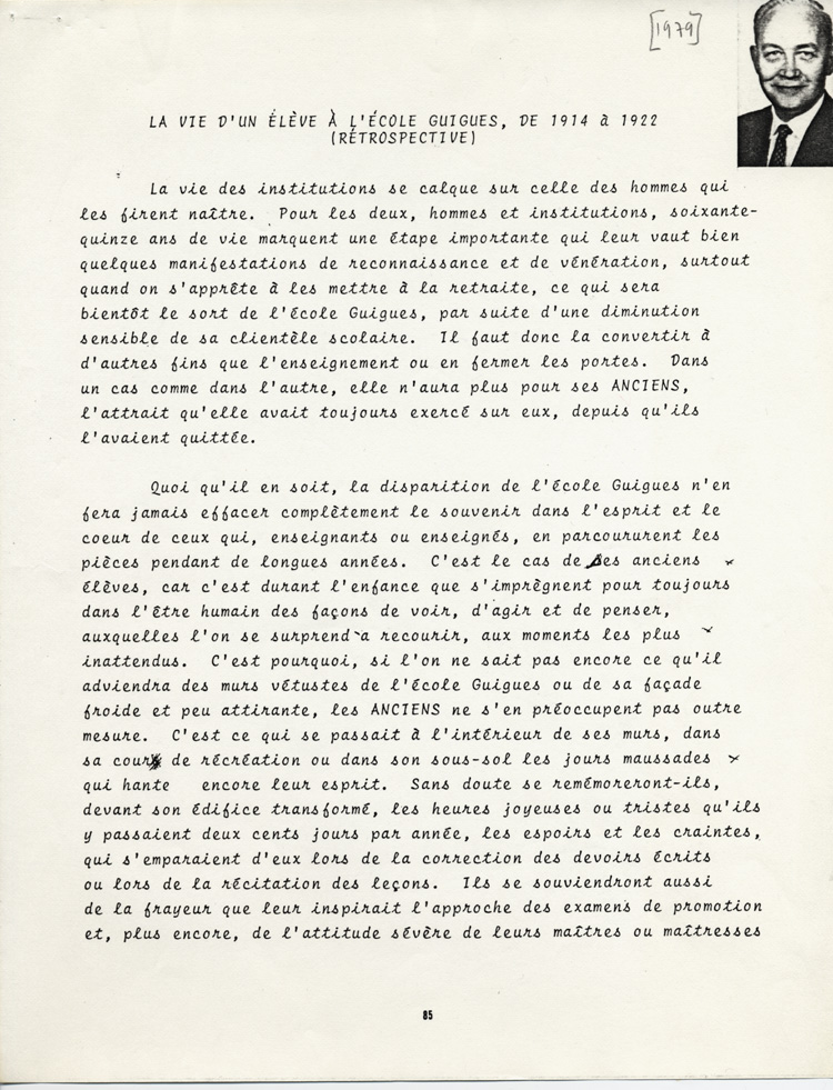 Reproduction de la quatre-vingt-cinqui&egrave;me page du t&eacute;moignage de Arthur Godbout intitul&eacute; La vie d’un &eacute;l&egrave;ve &agrave; l’&eacute;cole Guigues, de 1914 &agrave; 1922 (R&eacute;trospective), 1979.