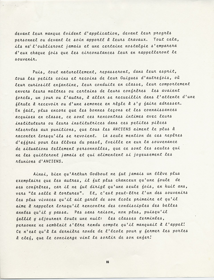 Reproduction de la quatre-vingt-sixi&egrave;me page du t&eacute;moignage de Arthur Godbout intitul&eacute; La vie d’un &eacute;l&egrave;ve &agrave; l’&eacute;cole Guigues, de 1914 &agrave; 1922 (R&eacute;trospective), 1979.