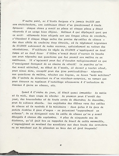 Reproduction de la quatre-vingt-septi&egrave;me page du t&eacute;moignage de Arthur Godbout intitul&eacute; La vie d’un &eacute;l&egrave;ve &agrave; l’&eacute;cole Guigues, de 1914 &agrave; 1922 (R&eacute;trospective), 1979.