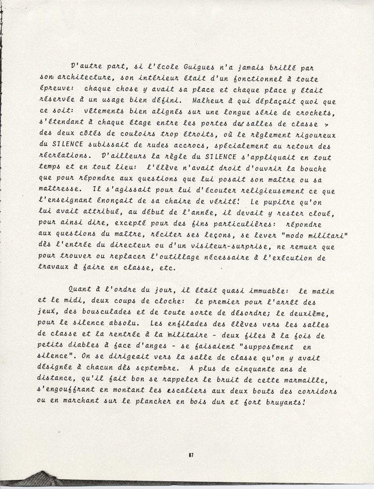 Reproduction de la quatre-vingt-septi&egrave;me page du t&eacute;moignage de Arthur Godbout intitul&eacute; La vie d’un &eacute;l&egrave;ve &agrave; l’&eacute;cole Guigues, de 1914 &agrave; 1922 (R&eacute;trospective), 1979.