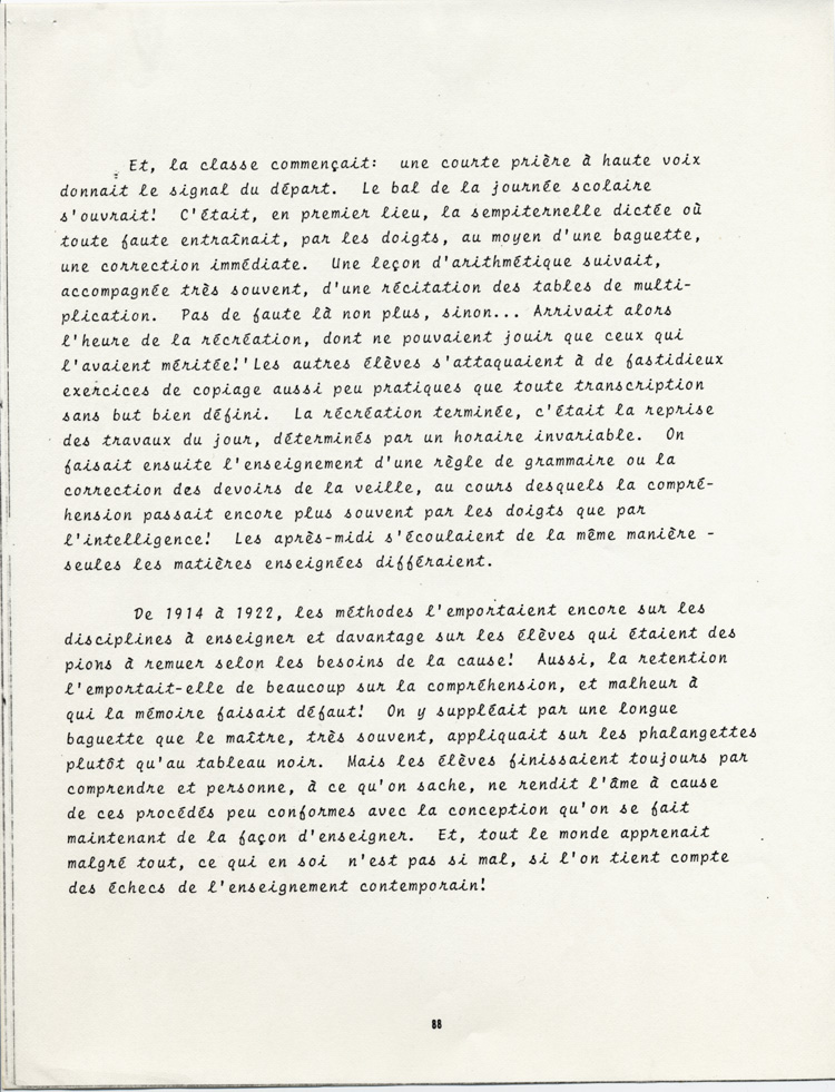 Reproduction de la quatre-vingt-huiti&egrave;me page du t&eacute;moignage de Arthur Godbout intitul&eacute; La vie d’un &eacute;l&egrave;ve &agrave; l’&eacute;cole Guigues, de 1914 &agrave; 1922 (R&eacute;trospective), 1979.