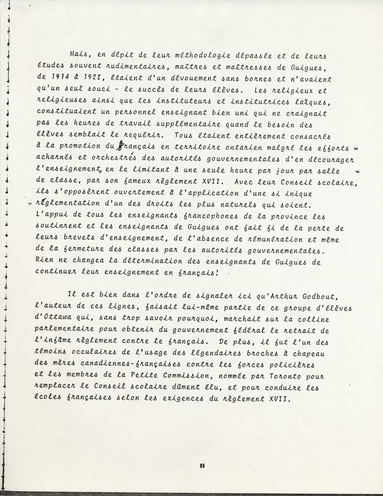 Reproduction de la quatre-vingt-neuvi&egrave;me page du t&eacute;moignage de Arthur Godbout intitul&eacute; La vie d’un &eacute;l&egrave;ve &agrave; l’&eacute;cole Guigues, de 1914 &agrave; 1922 (R&eacute;trospective), 1979.