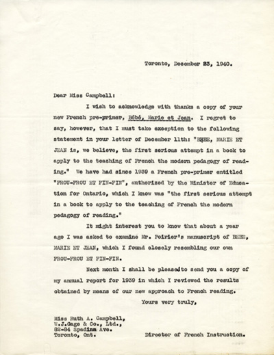 Reproduction d’une copie d’une lettre de Robert Gauthier, directeur de l’enseignement du fran&ccedil;ais en Ontario, &agrave; Ruth A. Campbell, W. J. Gage & Co. Limited, 23 d&eacute;cembre 1940.