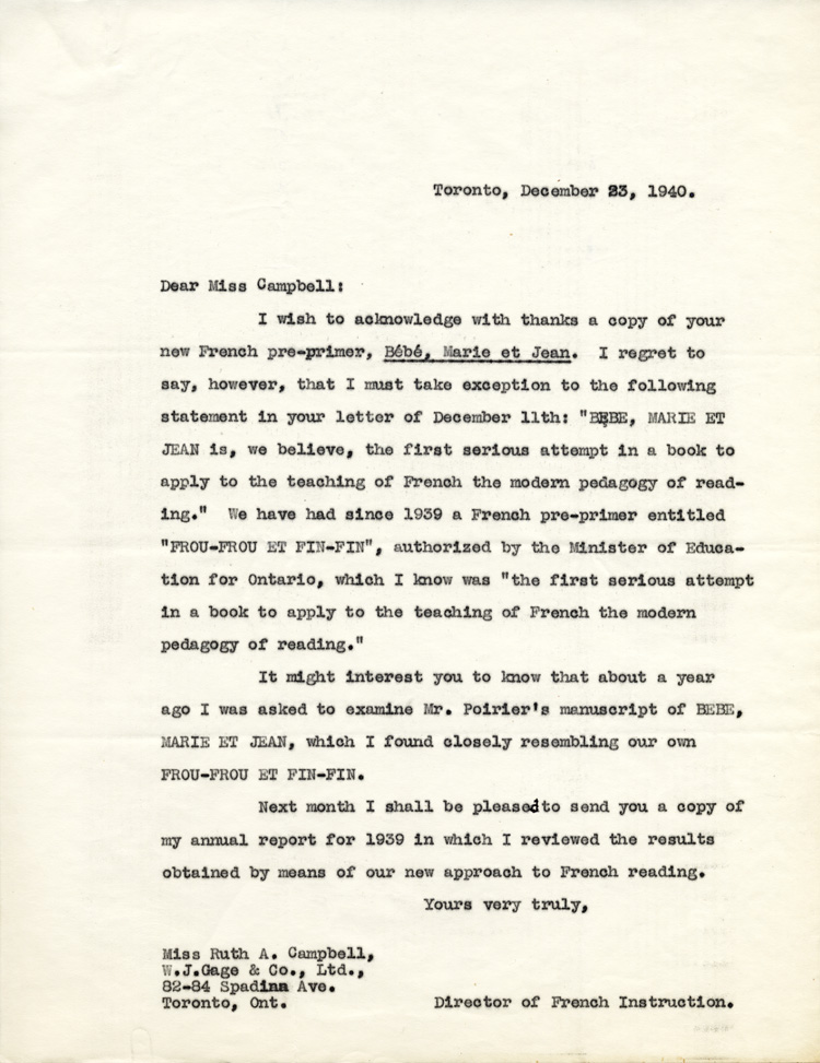 Reproduction d’une copie d’une lettre de Robert Gauthier, directeur de l’enseignement du fran&ccedil;ais en Ontario, &agrave; Ruth A. Campbell, W. J. Gage & Co. Limited, 23 d&eacute;cembre 1940.