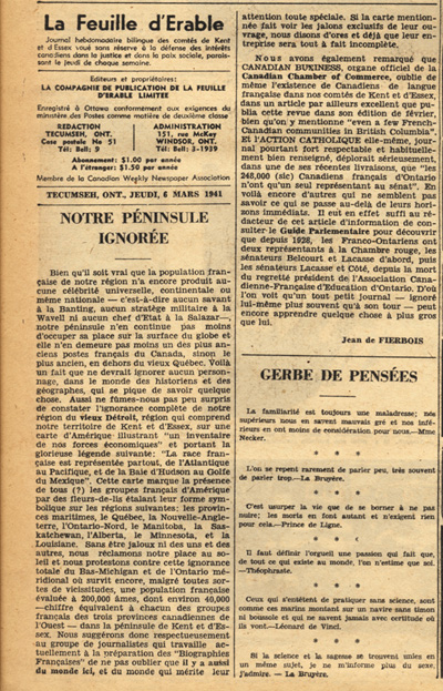 Reproduction d’un article de Jean de Fierbois (pseudonyme de Gustave Lacasse) intitul&eacute; Notre p&eacute;ninsule ignor&eacute;e, et paru dans La Feuille d’&eacute;rable, 6 mars 1941.