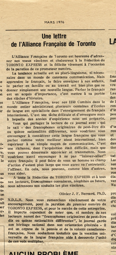 Reproduction d’une lettre de l’Alliance fran&ccedil;aise de Toronto parue &agrave; la quatri&egrave;me page du premier num&eacute;ro du premier volume du journal Le Toronto Express, 1er mars 1976. 