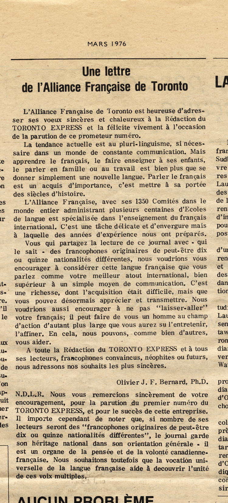Reproduction d’une lettre de l’Alliance fran&ccedil;aise de Toronto parue &agrave; la quatri&egrave;me page du premier num&eacute;ro du premier volume du journal Le Toronto Express, 1er mars 1976. 