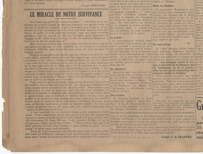 Reproduction d’un article de Joseph D. de Granpr&eacute; (possiblement l’un des pseudonymes de Gustave Lacasse) intitul&eacute; Le miracle de notre survivance, et paru dans La D&eacute;fense, 21 mars 1918.