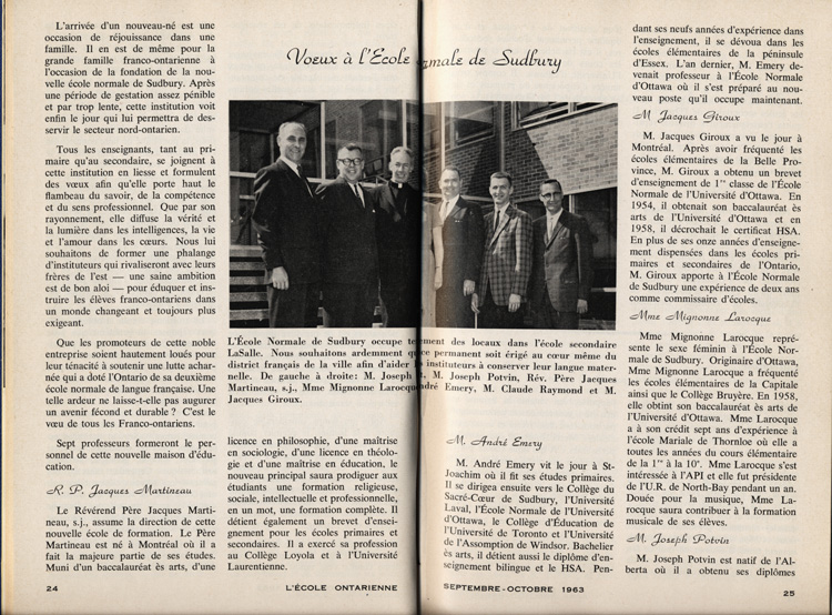 Reproduction de la vingt-quatri&egrave;me et de la vingt-cinqui&egrave;me page du premier num&eacute;ro du vingti&egrave;me volume de L’&eacute;cole ontarienne comprenant un article intitul&eacute; Voeux &agrave; l’&eacute;cole normale de Sudbury qui pr&eacute;sente le corps professoral de l’&Eacute;cole, septembre 1963.