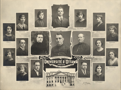 Reproduction d’une photographie des &eacute;tudiants et des professeurs de l’&Eacute;cole de p&eacute;dagogie de l’Universit&eacute; d’Ottawa, 1923-1924, ca 1924.
