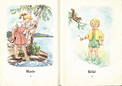 Reproduction de la quatri&egrave;me et de la cinqui&egrave;me page de B&eacute;b&eacute;, Marie et Jean, de J.-E. Poirier et Frances Shelley Wees, 1957.