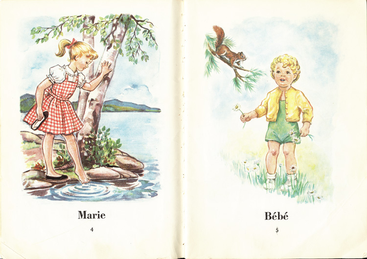 Reproduction de la quatri&egrave;me et de la cinqui&egrave;me page de B&eacute;b&eacute;, Marie et Jean, de J.-E. Poirier et Frances Shelley Wees, 1957.