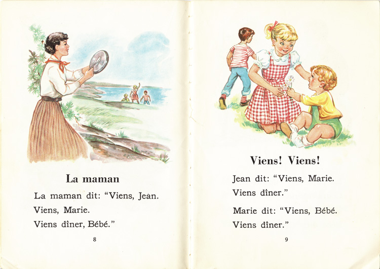 Reproduction de la huiti&egrave;me et de la neuvi&egrave;me page de B&eacute;b&eacute;, Marie et Jean, de J.-E. Poirier et Frances Shelley Wees, 1957.