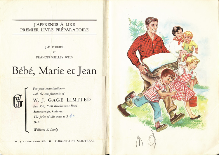 Reproduction de la page de titre et de la premi&egrave;re page de B&eacute;b&eacute;, Marie et Jean, de J.-E. Poirier et Frances Shelley Wees, 1957.